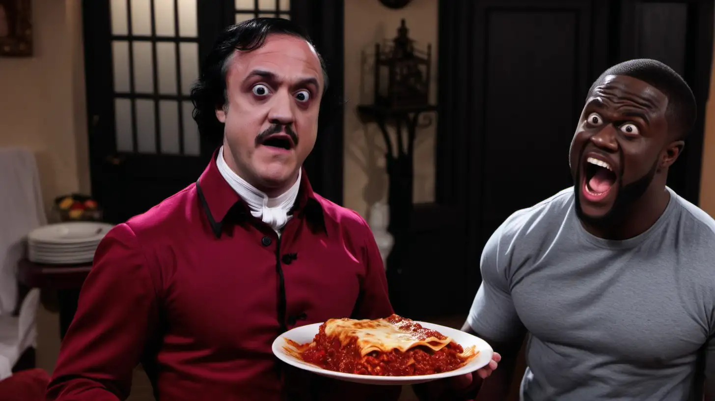 edgar allen poe in a stitcom with kevin heart about eating too much lasagna in thailand with hookers