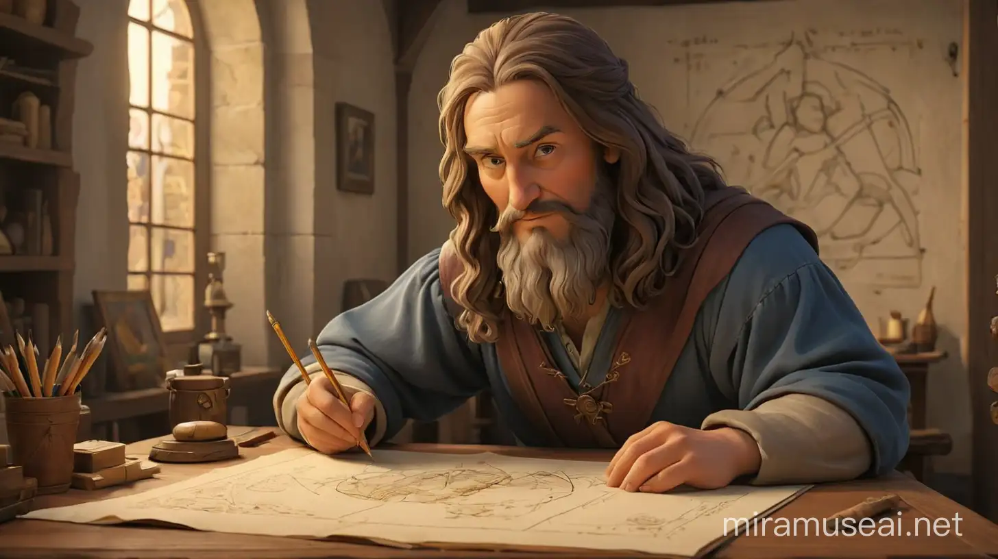 3D illustrator of an animated scene of da vinci  while he is working  on drawing the outline of himself 
 