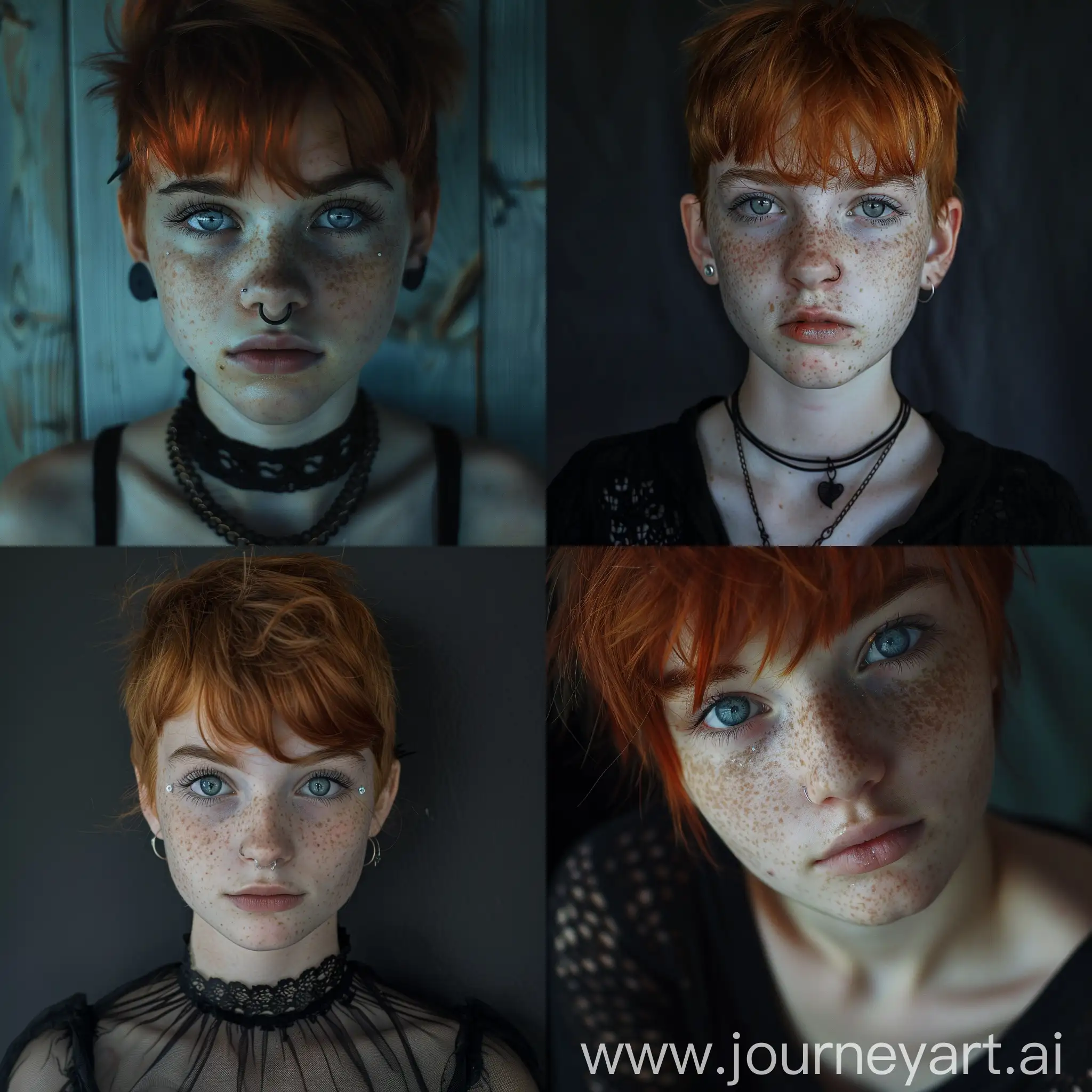 16 year old girl, goth, pixie cut, red hair, freckles, icy blue eyes