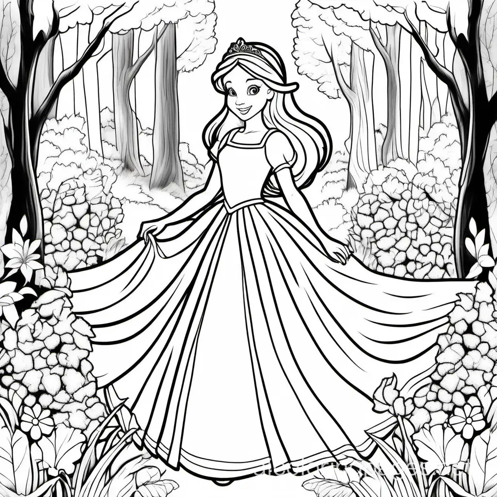 Flowers in the forest with princesses long dress, Coloring Page, black and white, line art, white background, Simplicity, Ample White Space. The background of the coloring page is plain white to make it easy for young children to color within the lines. The outlines of all the subjects are easy to distinguish, making it simple for kids to color without too much difficulty