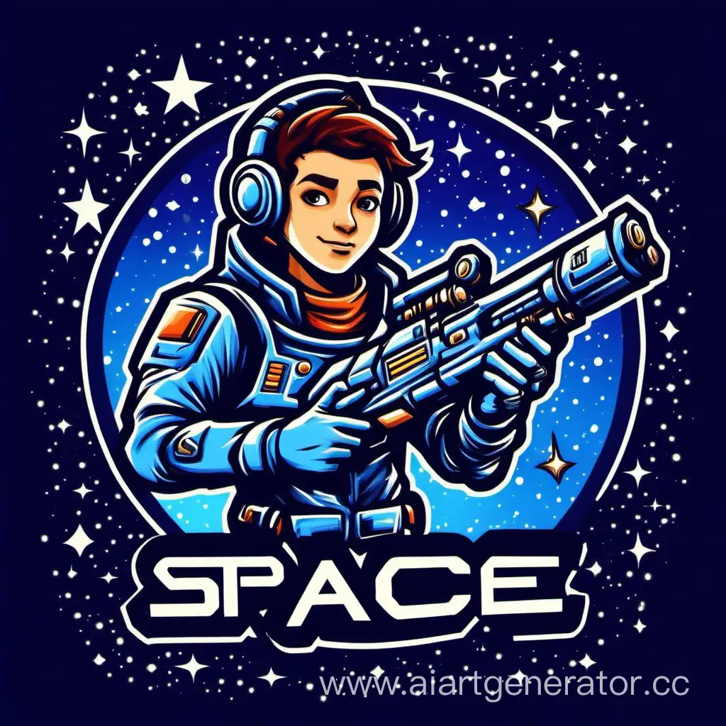 логотип для космической игры с темно синим фоном, человек с бластером в руке, со звездами на заднем плане, космос, космическое искусство, мультяшный стиль