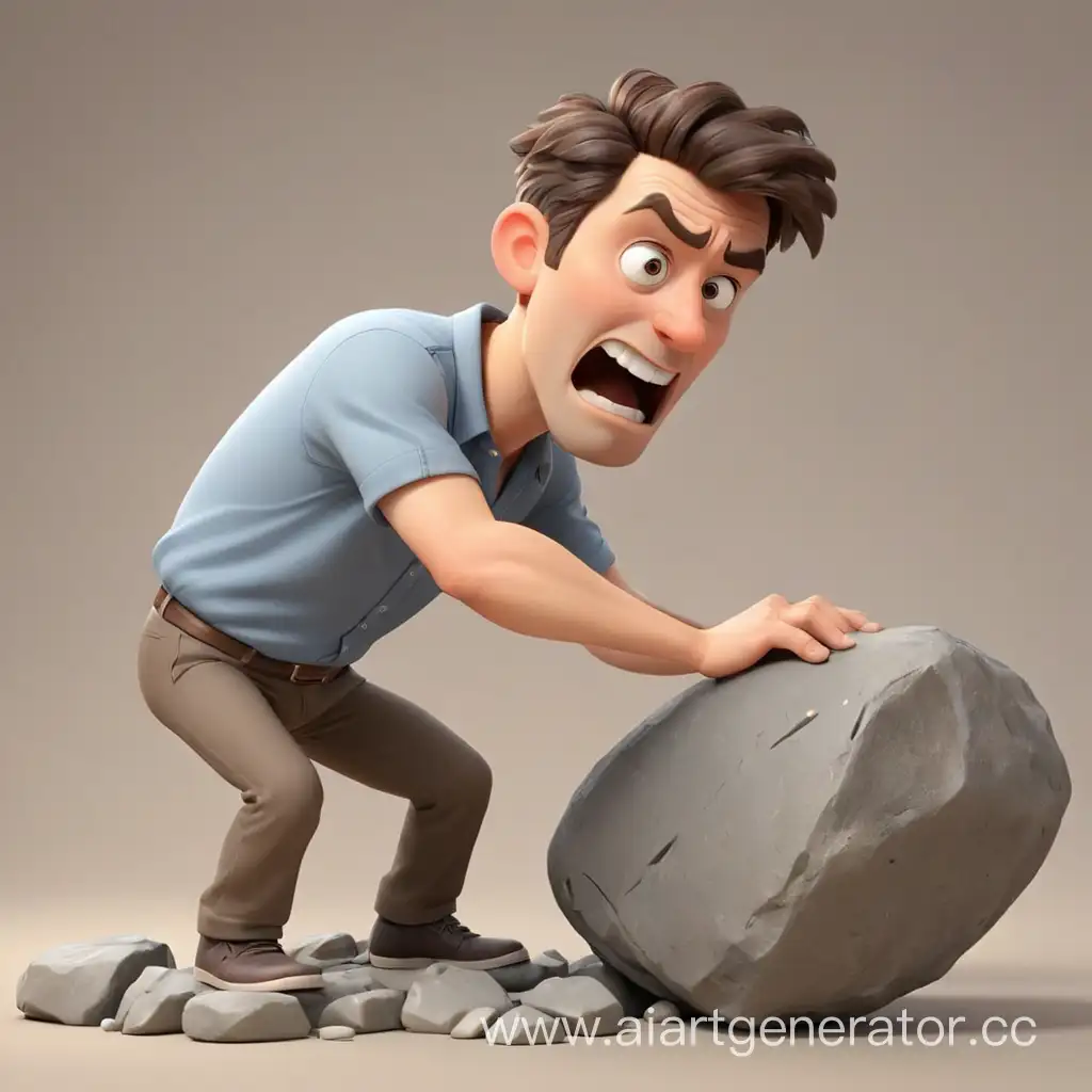Cartoon-Man-Pushing-Heavy-Stone-in-3D-Scene