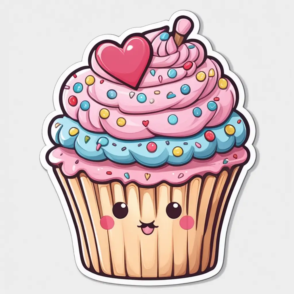 fantasy cartoon sticker, a huge adorable cupcake with heart shaped exagerated frosting and sprinkles,valentine theme