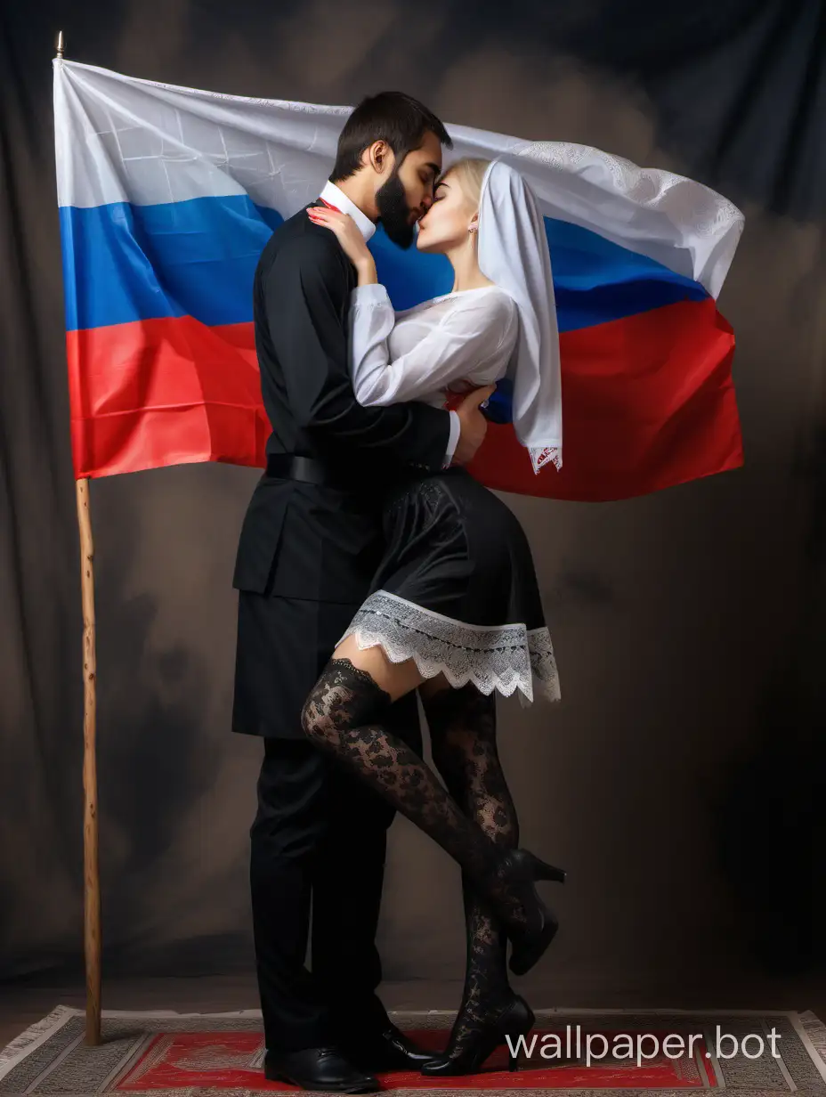 A beautiful Russian girl, with red lipstick on her lips, in a traditional Russian national costume with a short skirt and a transparent bra, in black lace stockings, kissing and hugging a young bearded Muslim man of Arab appearance. Next to the girl is the Russian flag with Islamic text written on it. Full-length painting