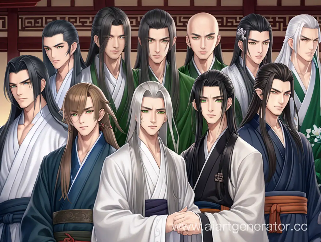 Group-of-Handsome-Men-in-Colorful-Hanfu-Attire-with-Buddhist-Monk