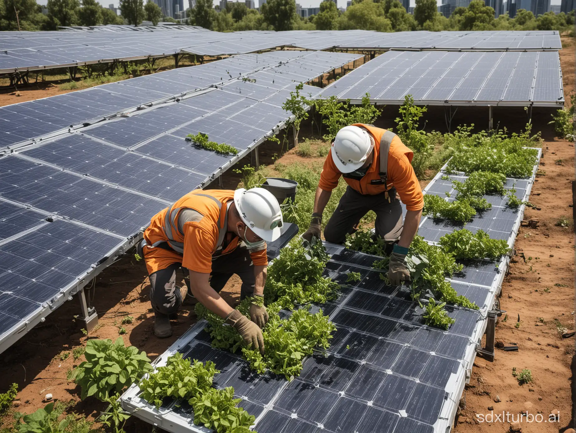 Workers clear greenery away from solar panels in a solarpunk universe