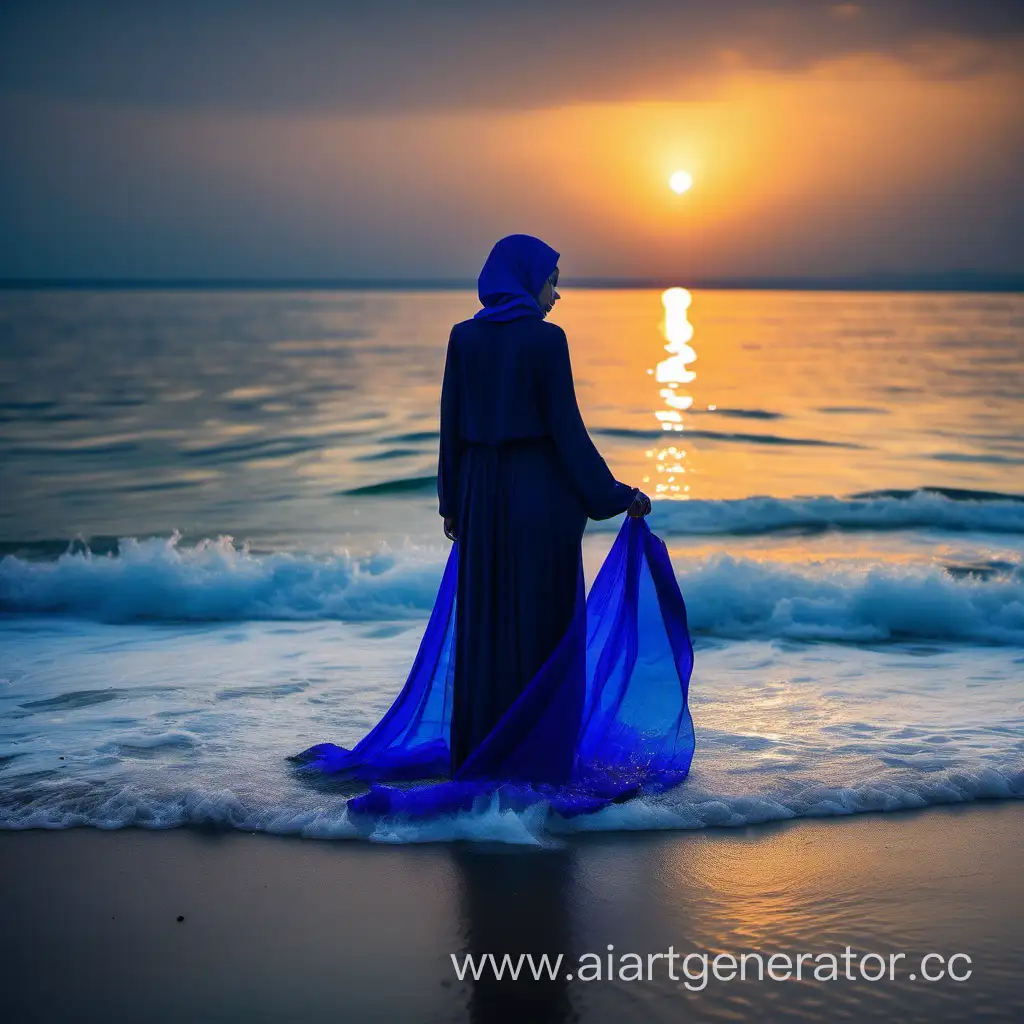 На берегу моря стоит девушка в хиджабе в платье в пол,стоит спиной.платье в складках синего королевского цвета. Стоит в воде дно которого очень прозрачное видно камушки и рыбки. Время заката 