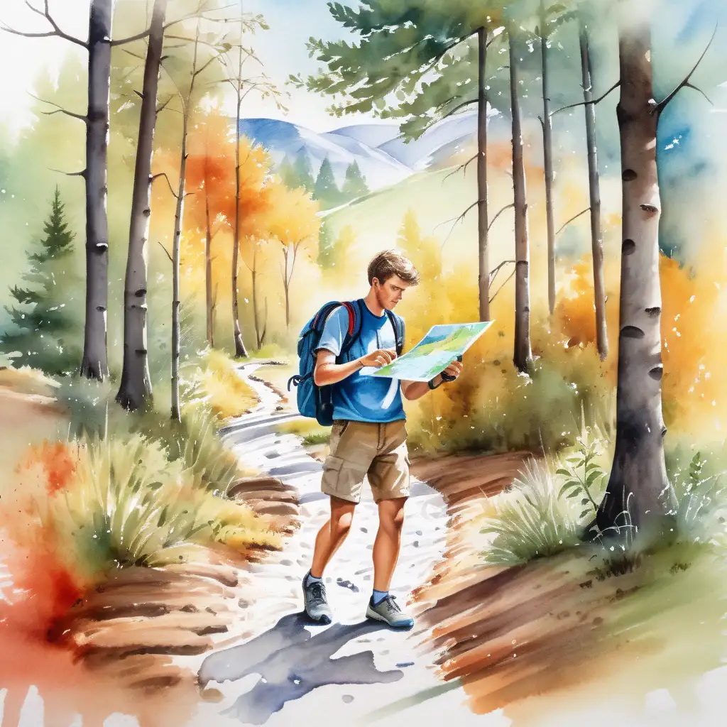 En kille som orienterar på en stig , träd i bakgrunden målat med vattenfärg, lite stänk med färg, karta o kompass i handen 