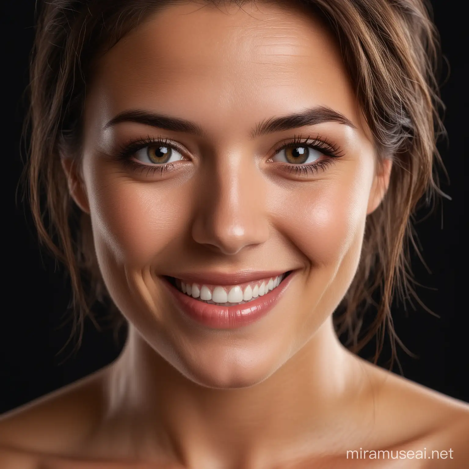 CloseUp Portrait of Smiling Woman on Dark Background