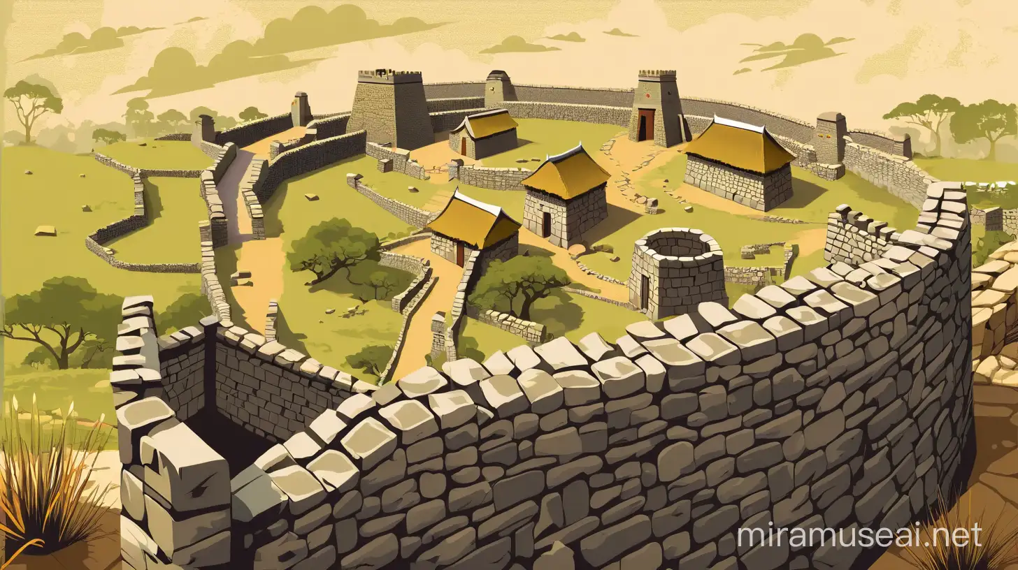 Mixed style of flat vector art and travel poster: recreation of ancient city of Great Zimbabwe with small, african style stone houses with thatch.