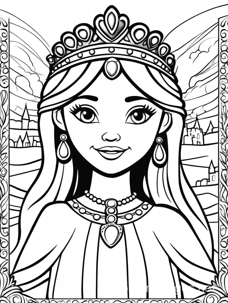 Simple princess,low level of detail, Coloring Page, black and white, line art, white background, Simplicity, Ample White Space. The background of the coloring page is plain white to make it easy for young children to color within the lines. The outlines of all the subjects are easy to distinguish, making it simple for kids to color without too much difficulty