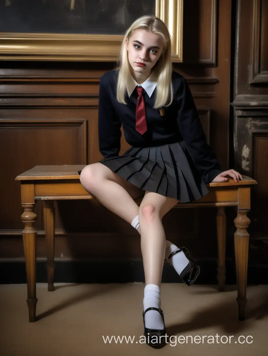 Chic-Student-Fashion-Blonde-Elegance-in-Pleated-Skirt-and-Gothic-Surroundings