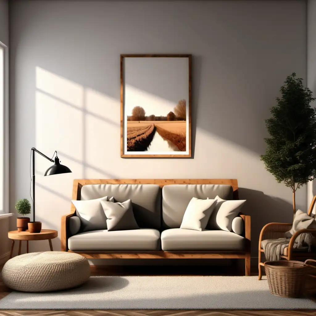 Farmhouse Style Cozy Living Room with Wooden Poster Frame Mockup
