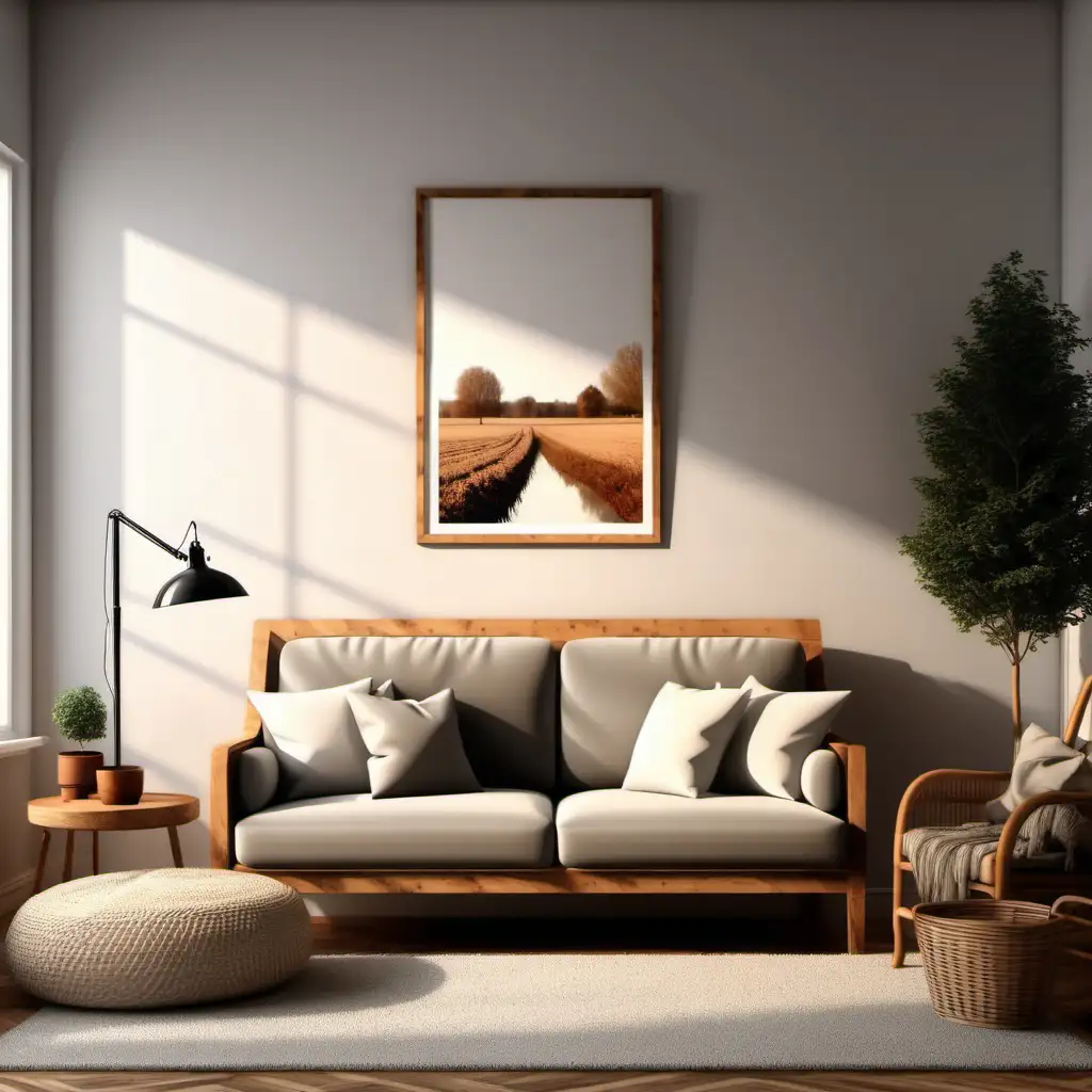 wooden poster white blank frame mockup, reflection, shadow overlay, cozy living room, farmhouse stlyle, warm room, 4K, exclude random objects,