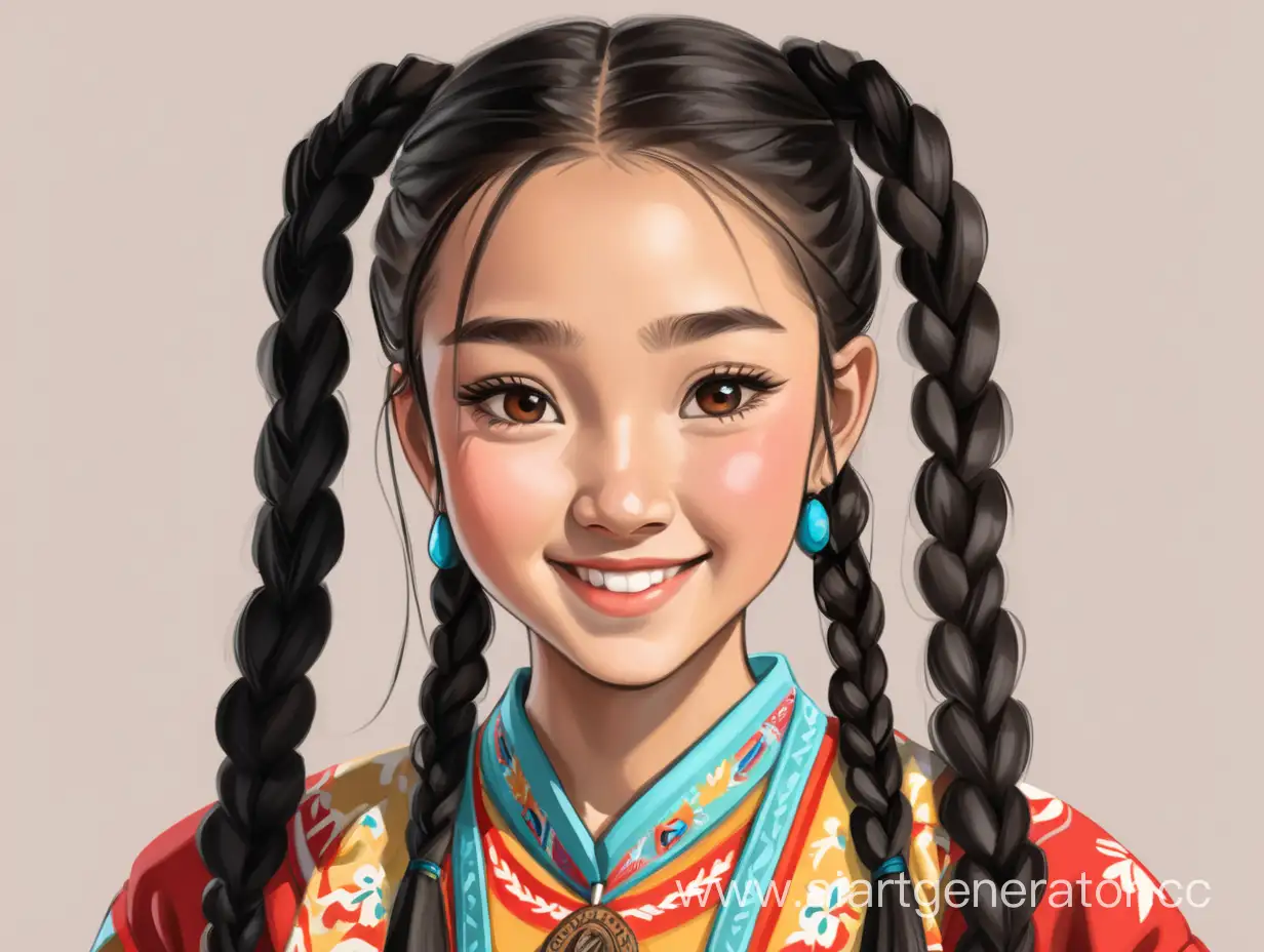Fifteen-year kazakh girl, wearing traditional clothes, with long black braids. Self-confident pose, happy and kind face expression.