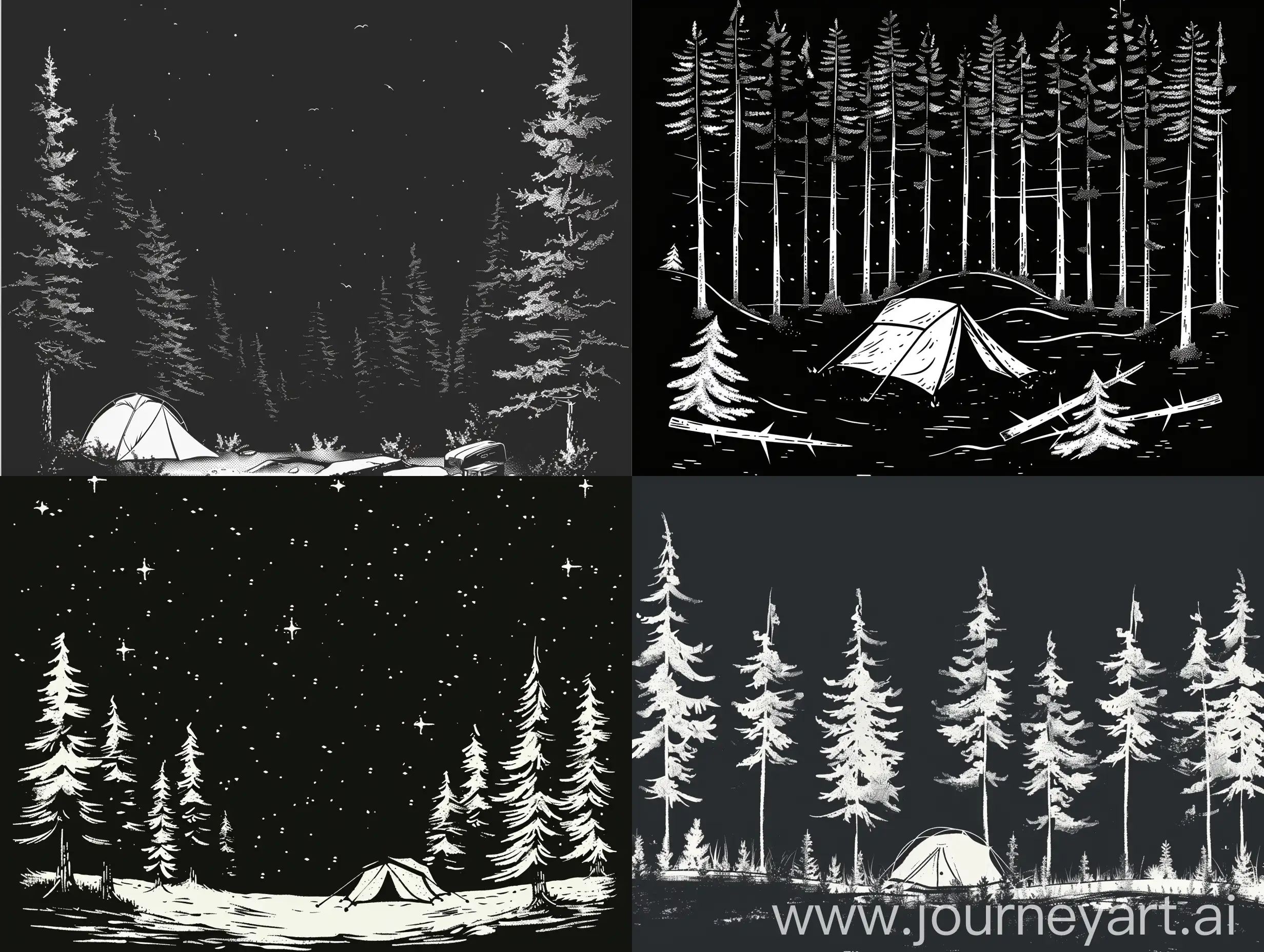 camp in forest, spruces, black background, vector stile white lines
