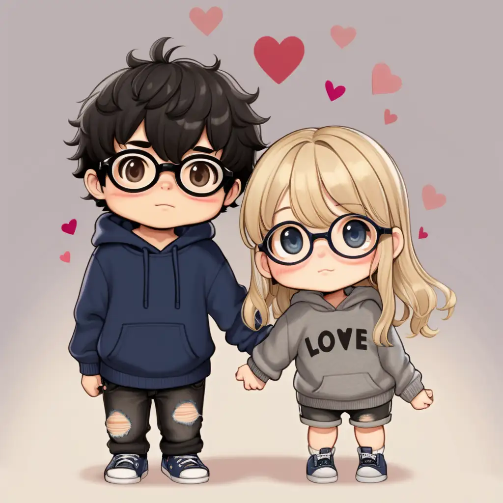 Cute, chubby cheeks, child,  Chibi couple. 
Girl, Short, chubby cheeks,  long wavy, blonde hair, bangs, blue eye with black glasses, wearing ripped jeans and gray sweater.
holding hands with 

Hispanic boy, black hair, brown eyes, wearing black sweatpants, navy sweatshirt.
Valentine’s Day background, few details, dreamy, Studio Ghibli