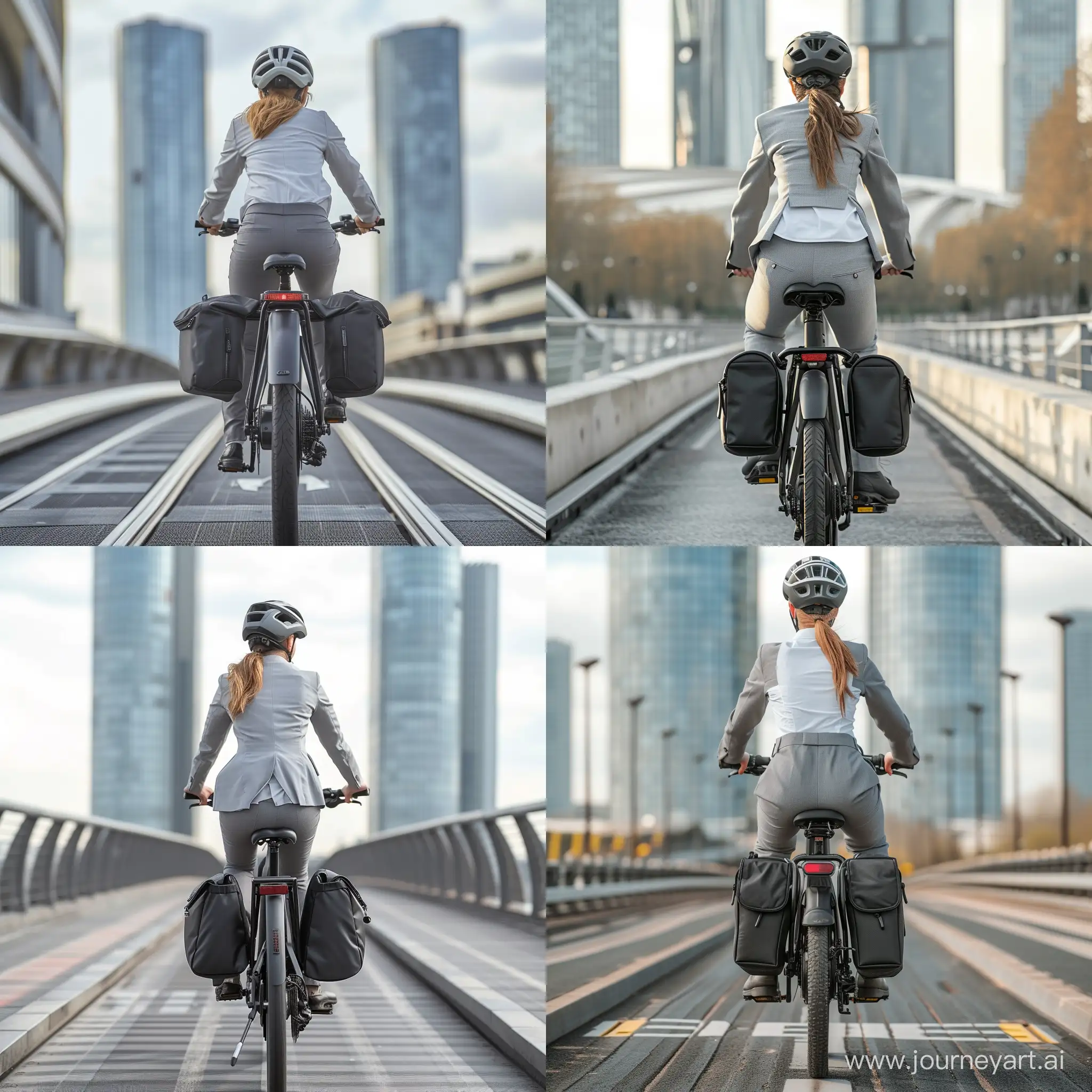 young woman facing forward with a bicycle helmet in gray office pantsuit and a white shirt riding an electric bicycle on a cycle track arriving at the towers of La Défense in Paris. Two small black saddlebags on the rear bike rack. --v 6 --ar 1:1 --no 90334