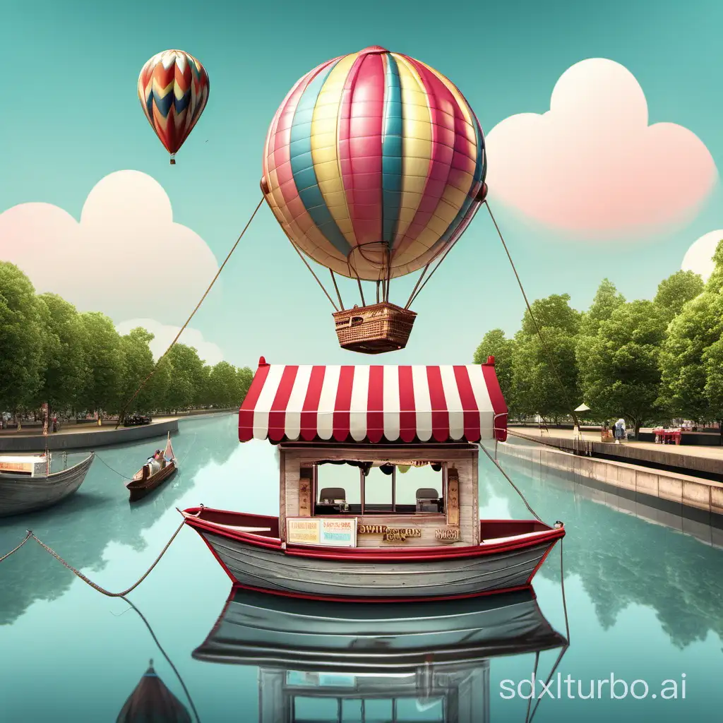 Colorful-Hot-Air-Balloon-Above-a-Quaint-Boat-Ice-Cream-Stand