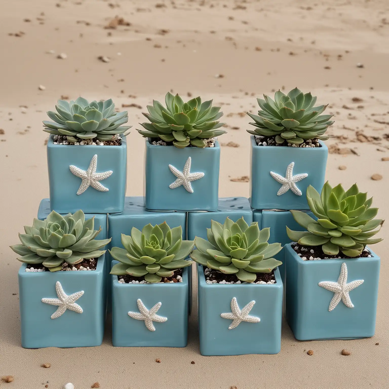 a collection of small square vases painted ocean blue and some are decorated with a starfish, each vase has a succulent for a nice beach themed centerpiece collection with succulents