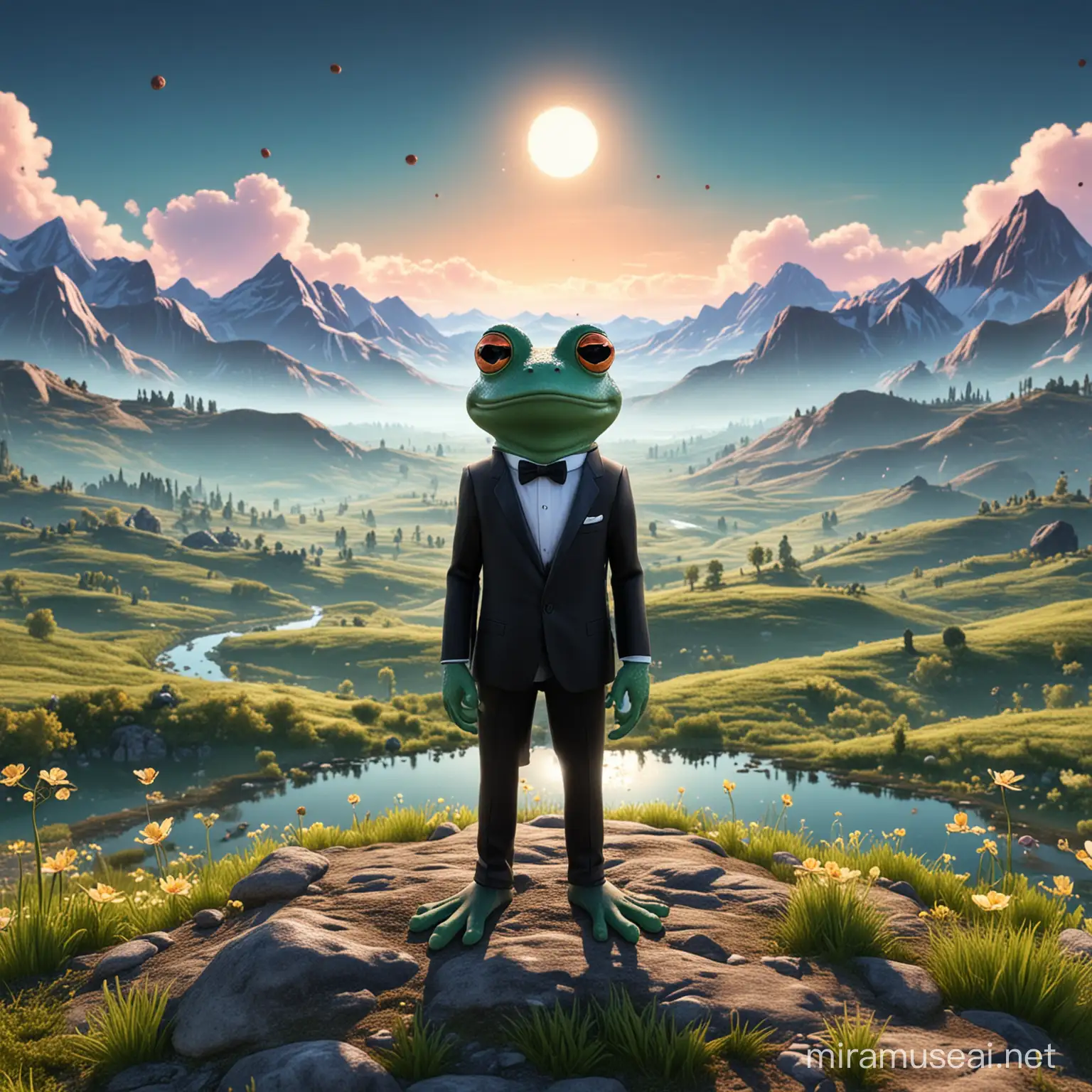 The Scenery of Digital Valley , Digital Valley
cartoon Virus frogs dressed in tuxedos Virus stands at the peak of Digital Valley, admiring the beautiful scenery against the backdrop of a dazzling digital world.
His eyes shimmer with curiosity, as if anticipating a new adventure.
