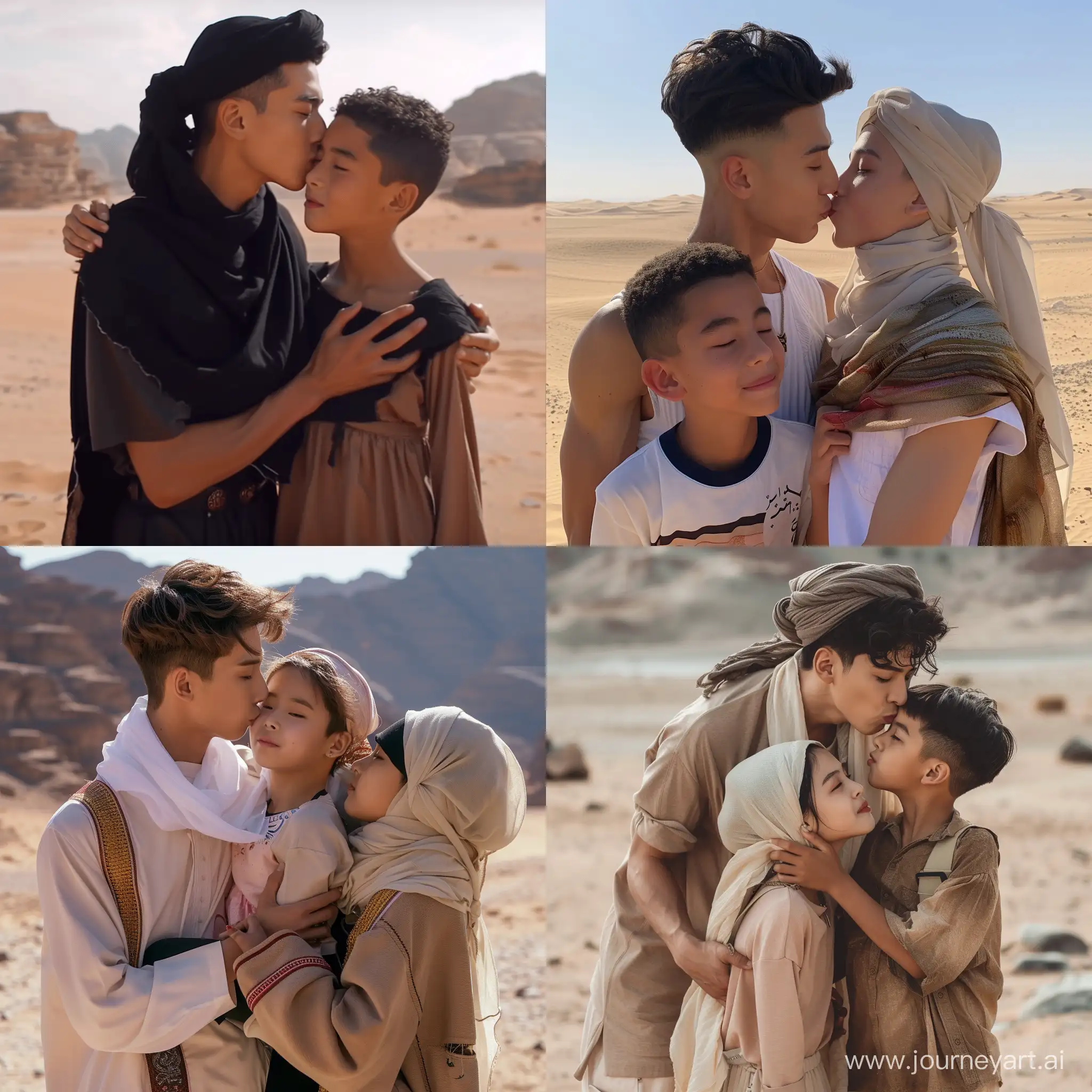 Very Tall bery muscular kpop boy  kiss and carry short arab girl next to short arab boy in desert 