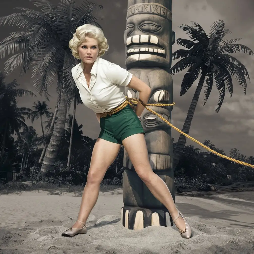  tied up with rope to a totem pole  mary ann from gilligan's island short shorts white blouse ballet flats  full body image color