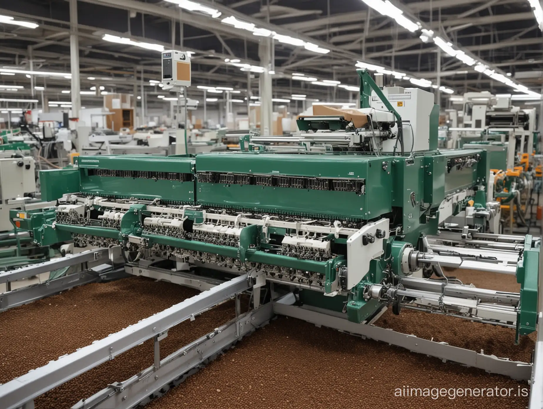 A fully automatic sowing machine is sowing seeds on the assembly line