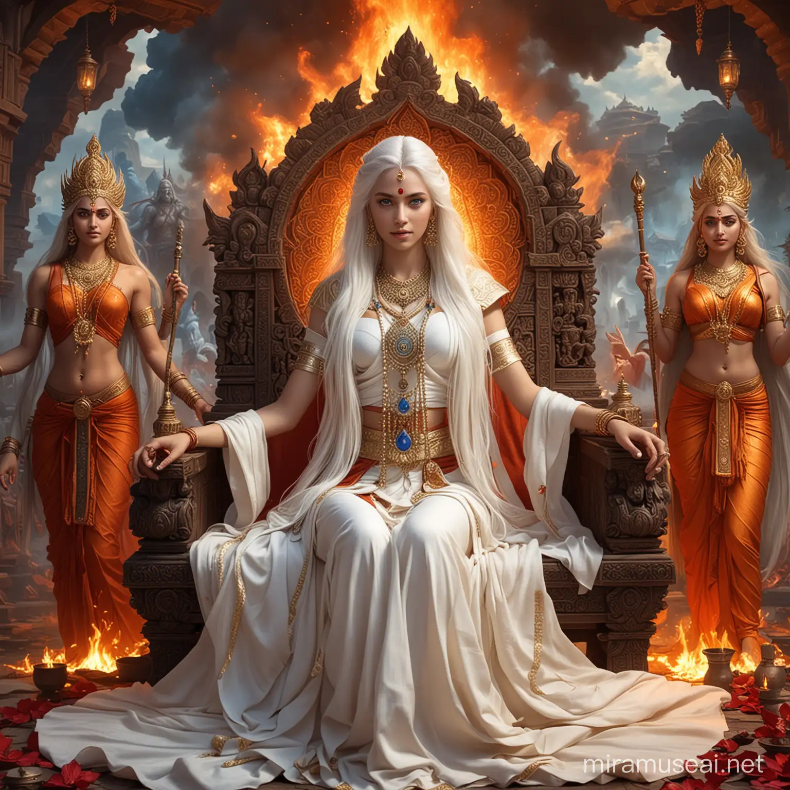 Majestic Hindu Empress in Combat Amidst Divine Presence
