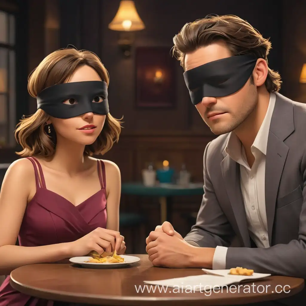 мультяшный мужчина и женщина знакомятся вслепую с завязанными глазами