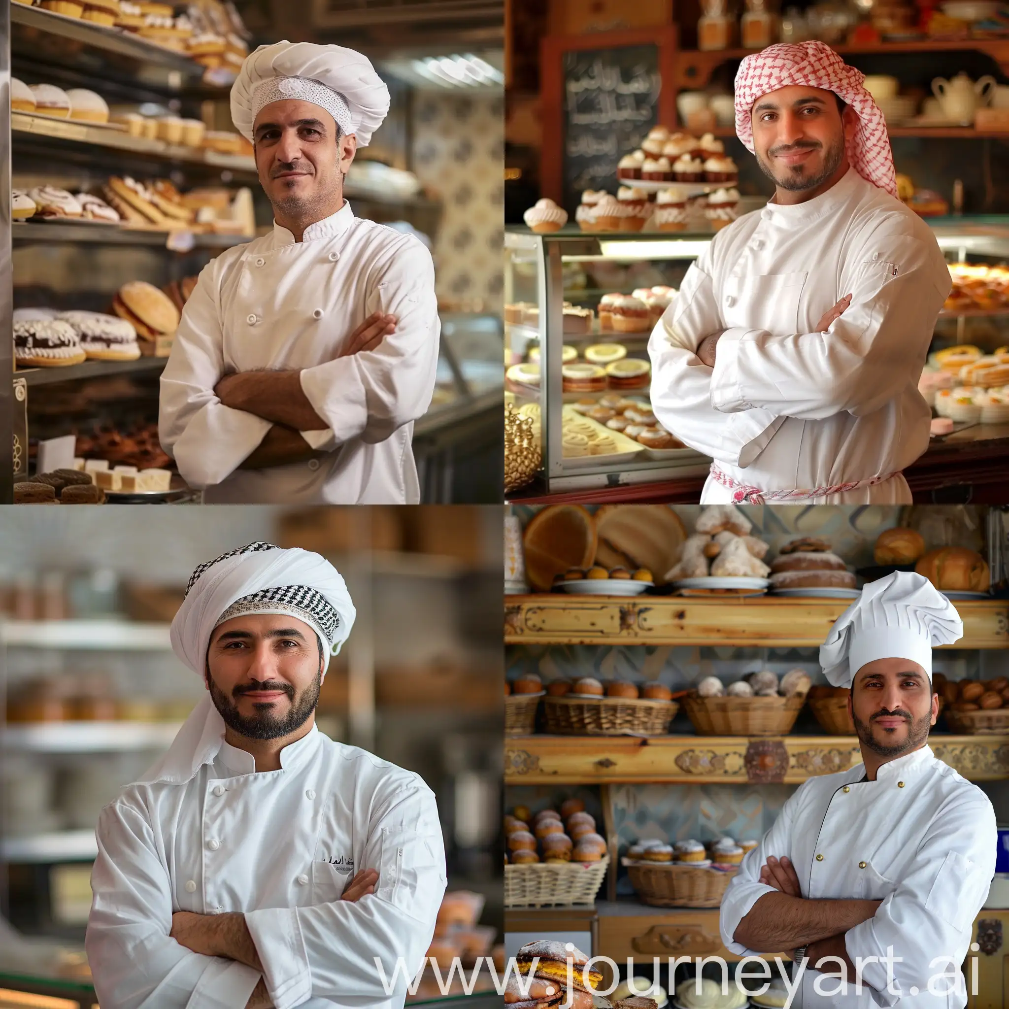 A professional middle eastern patisserie chef posing in his Kitchen