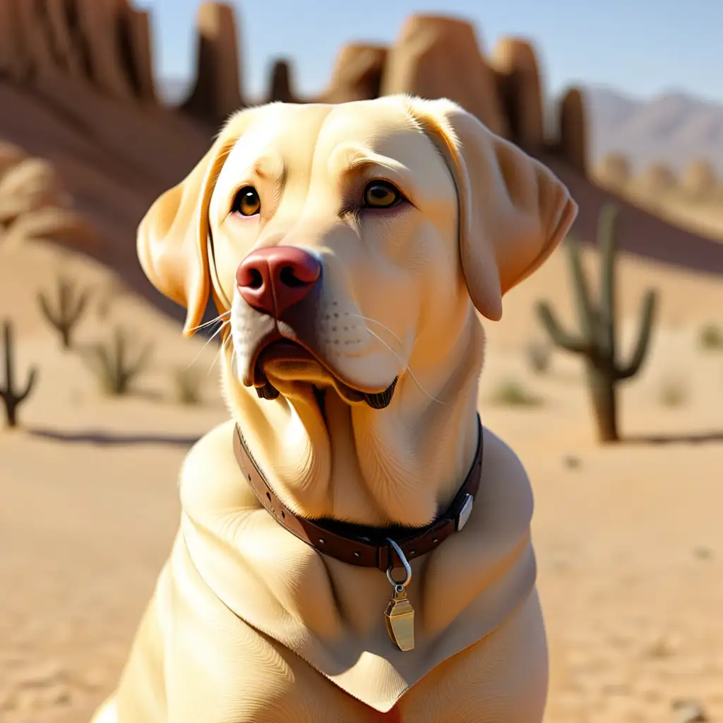 Golden Labrador Retriever Portrait in Desert Landscape