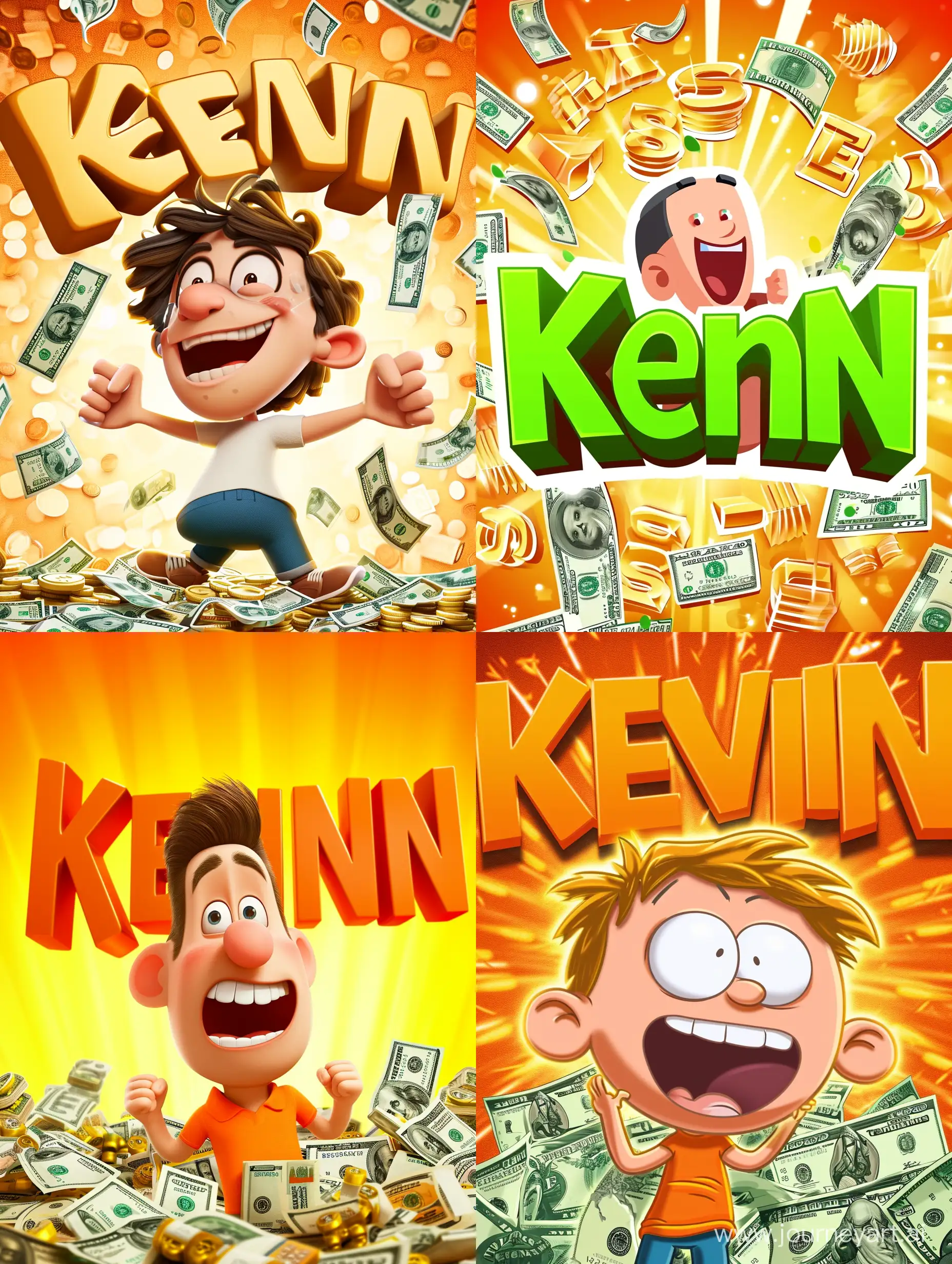 яркая картинка с персонажем, много денег, фон большие буквы "Kevin"