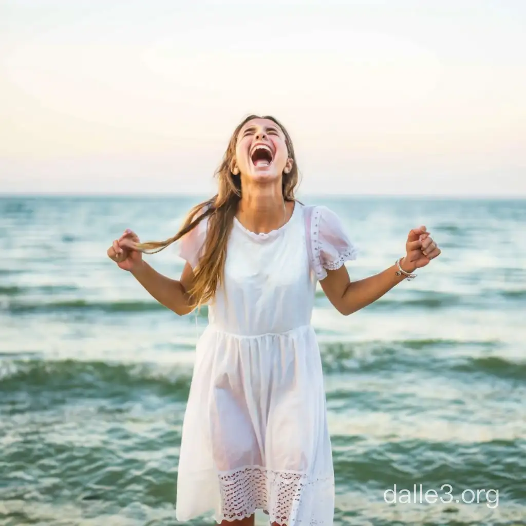 a girl in a light white dress screaming at the sea