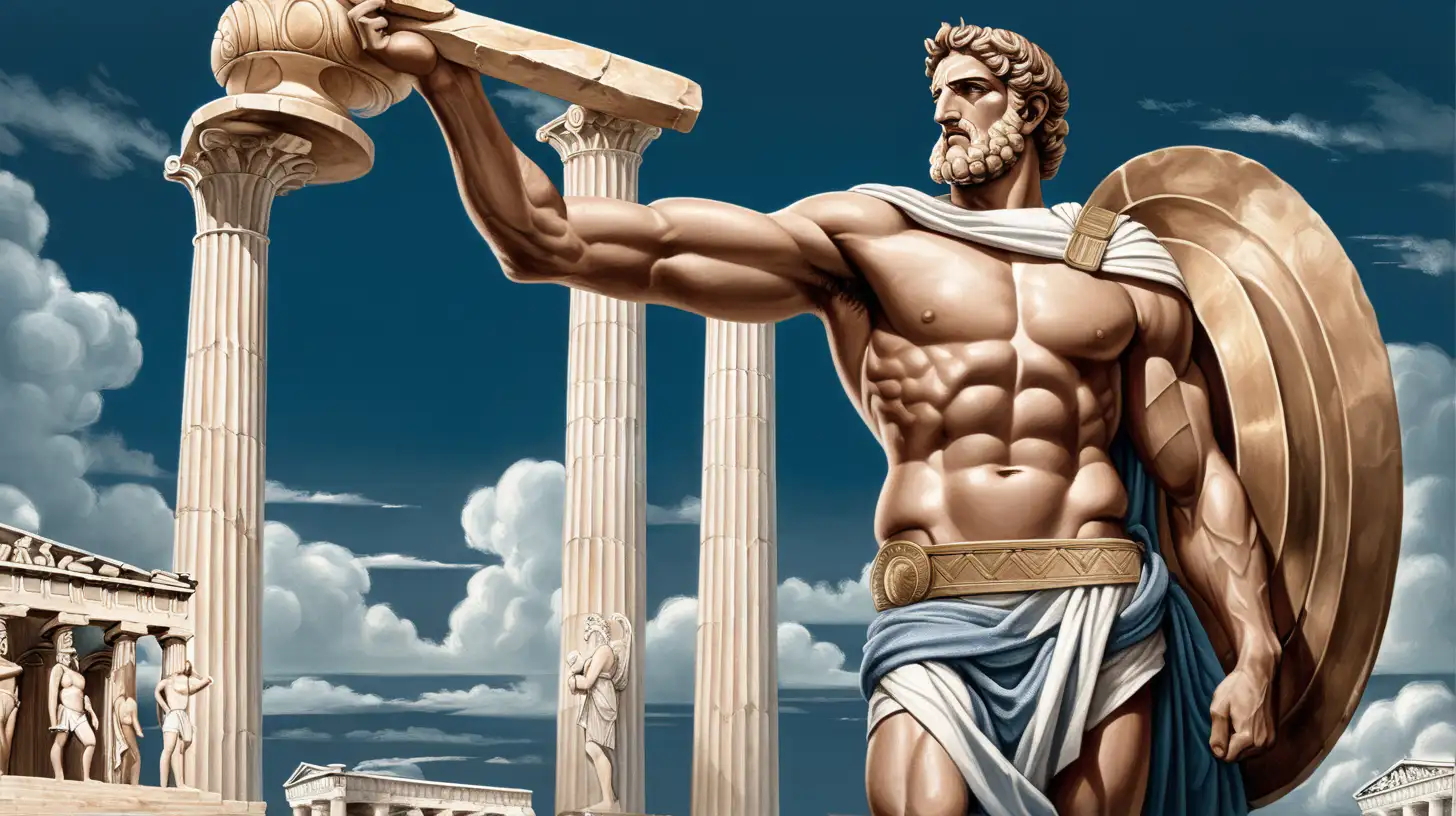 Illustrate a captivating scene inspired by ancient Greek aesthetics. Picture a robust Greek warrior with well-defined muscles standing proudly in the foreground. He is adorned with a single cloth draped over one shoulder, symbolizing the classical attire of ancient Greece. This powerful figure holds a loaf of bread in one hand, showcasing the significance of sustenance and strength in this historical context.  Surrounding the muscular character are iconic ancient Greek buildings, their imposing columns and architectural details adding a sense of grandeur to the scene. The structures stand proudly against a dark blue, cloudy sky, evoking a dramatic and historic atmosphere. The cloudy backdrop hints at the mysteries of the past, adding an air of timelessness to the illustration.  This composition should capture the essence of ancient Greece, combining elements of strength, history, and sustenance in a visually striking manner.