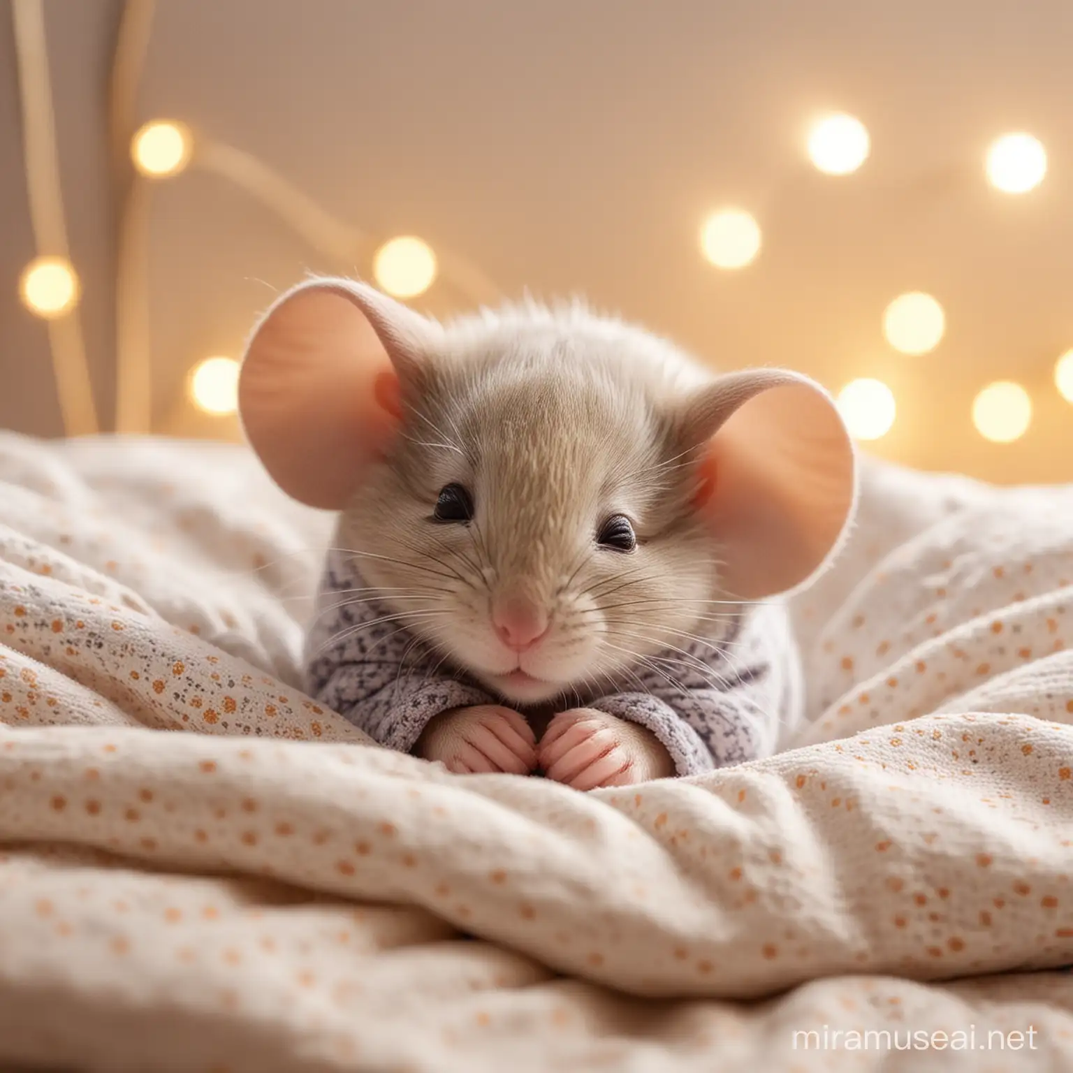 mouse is sleeping soundly in pajamas. Bokeh nursery background.