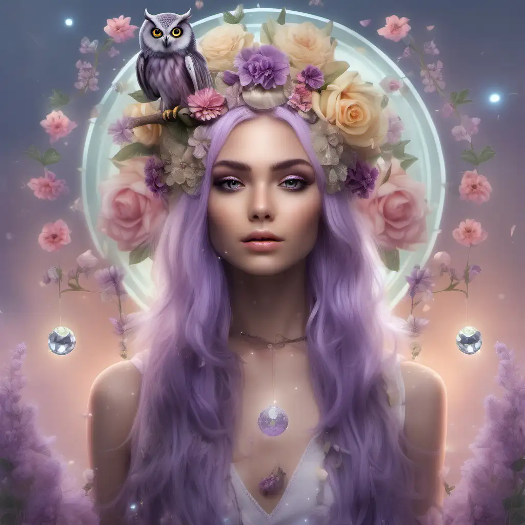 exotic model with light lavender hair and crystal orbs flying around her, she has a  halo. she has a owl on her head.  she has beautiful soft flowers in her hair
