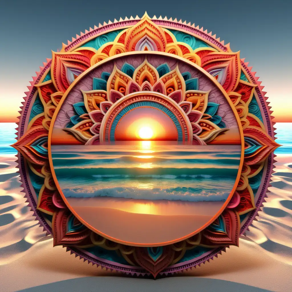bright and vibrant shades, no gray. 3D highly detailed scene of sunset on peaceful beach. Perfectly symmetrical mandala.