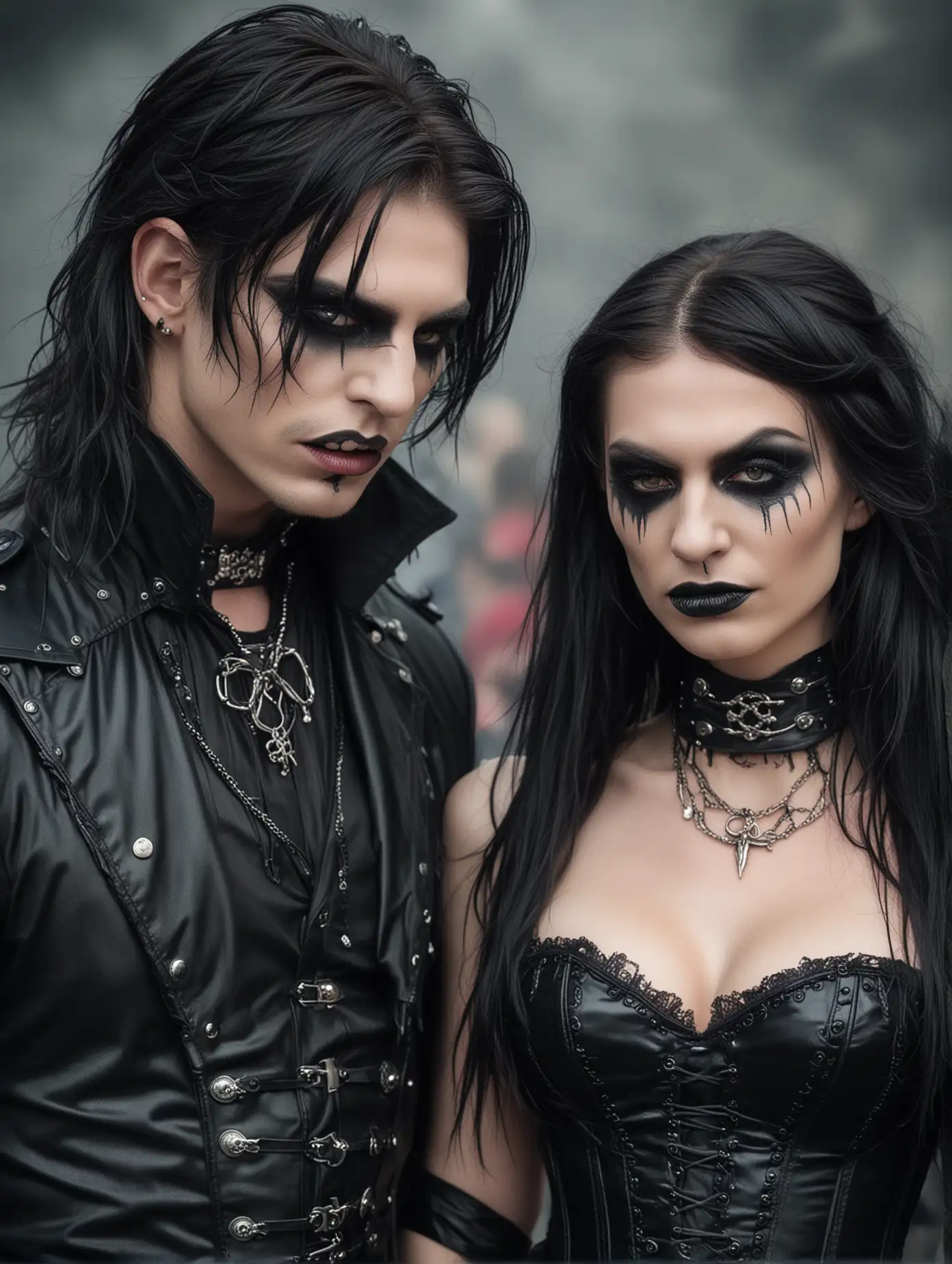 gothic man and woman, smokey eye make up, long black nails,  latex corset, they are at a rock festival, vampire ispired look.