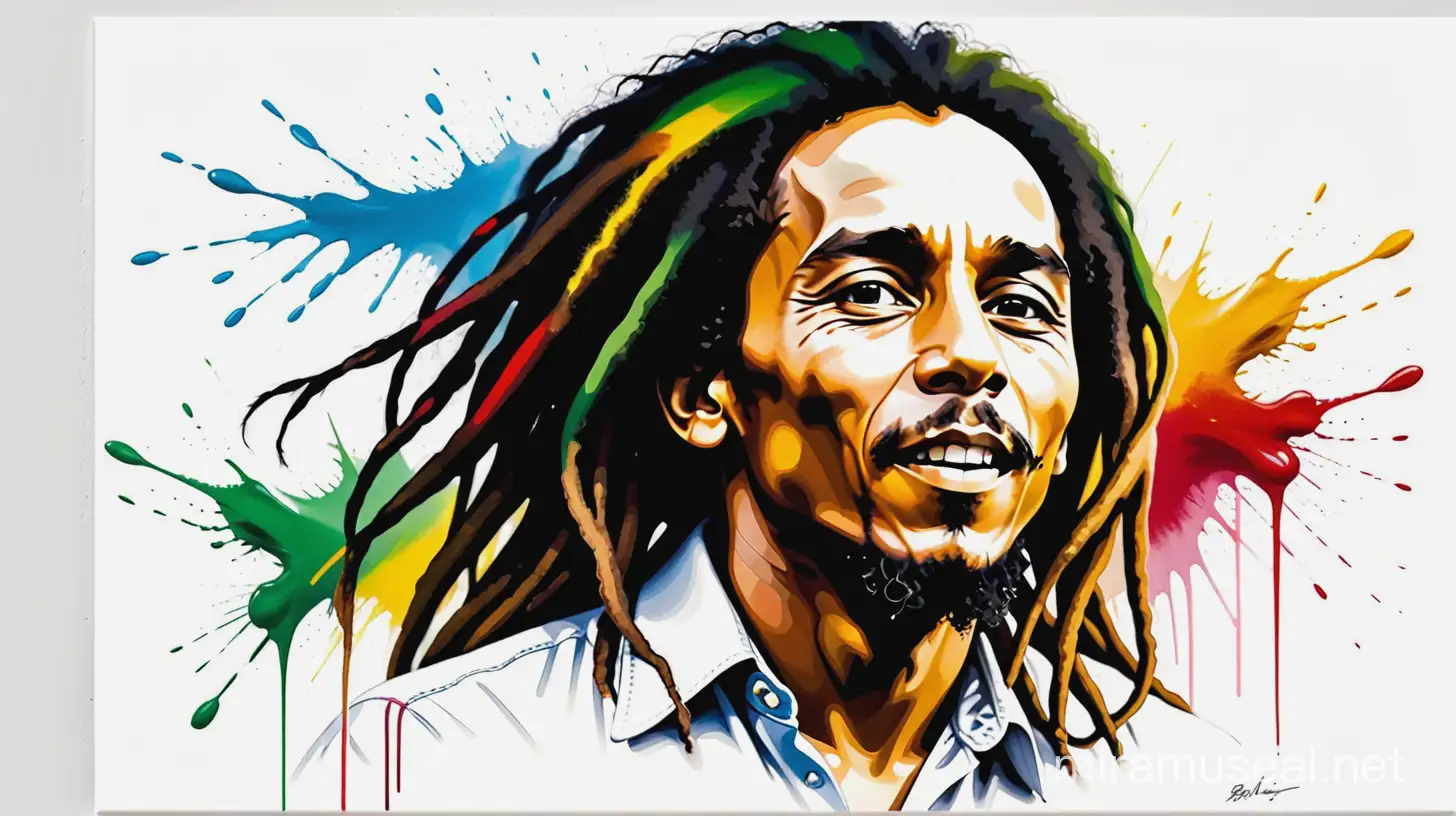Bob Marley Inspired Abstract Art Vibrant Paint Stains on White Background