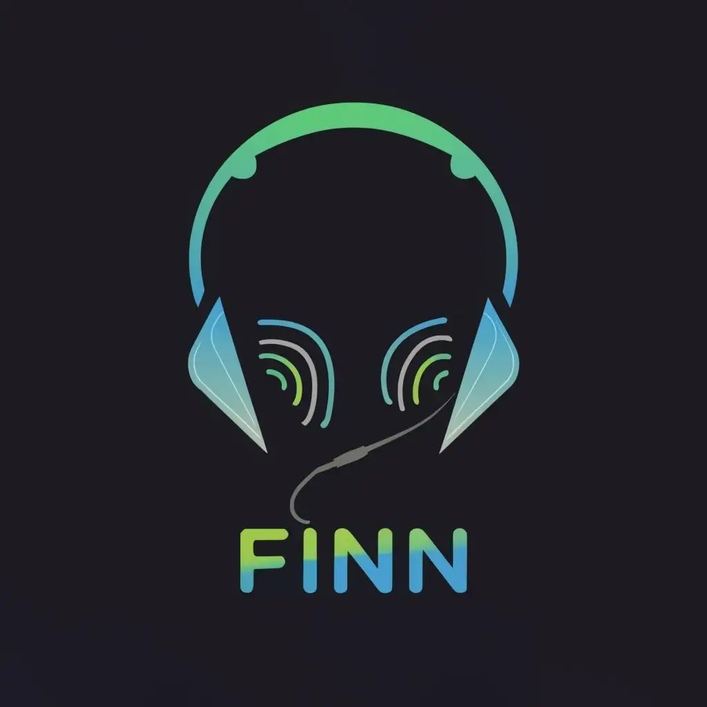 logo, logo, headphone, black background, futuristic world, with a text "Finn", Typography, used in telecommunication industry., with the text "Finn", typography