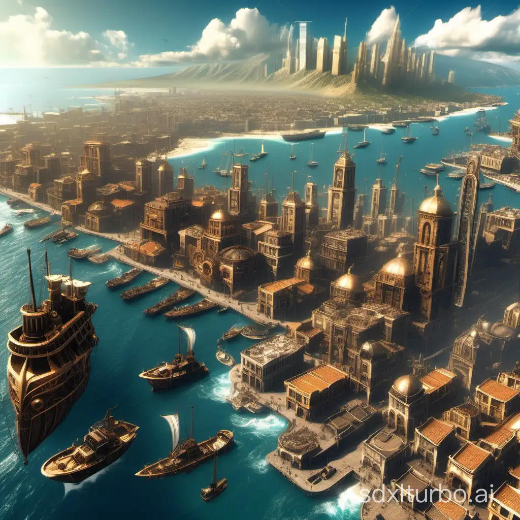 Aerial view of an Incaic steampunk city with a huge port bustling with commerce and an ocean on the right side. Cinematic, map view