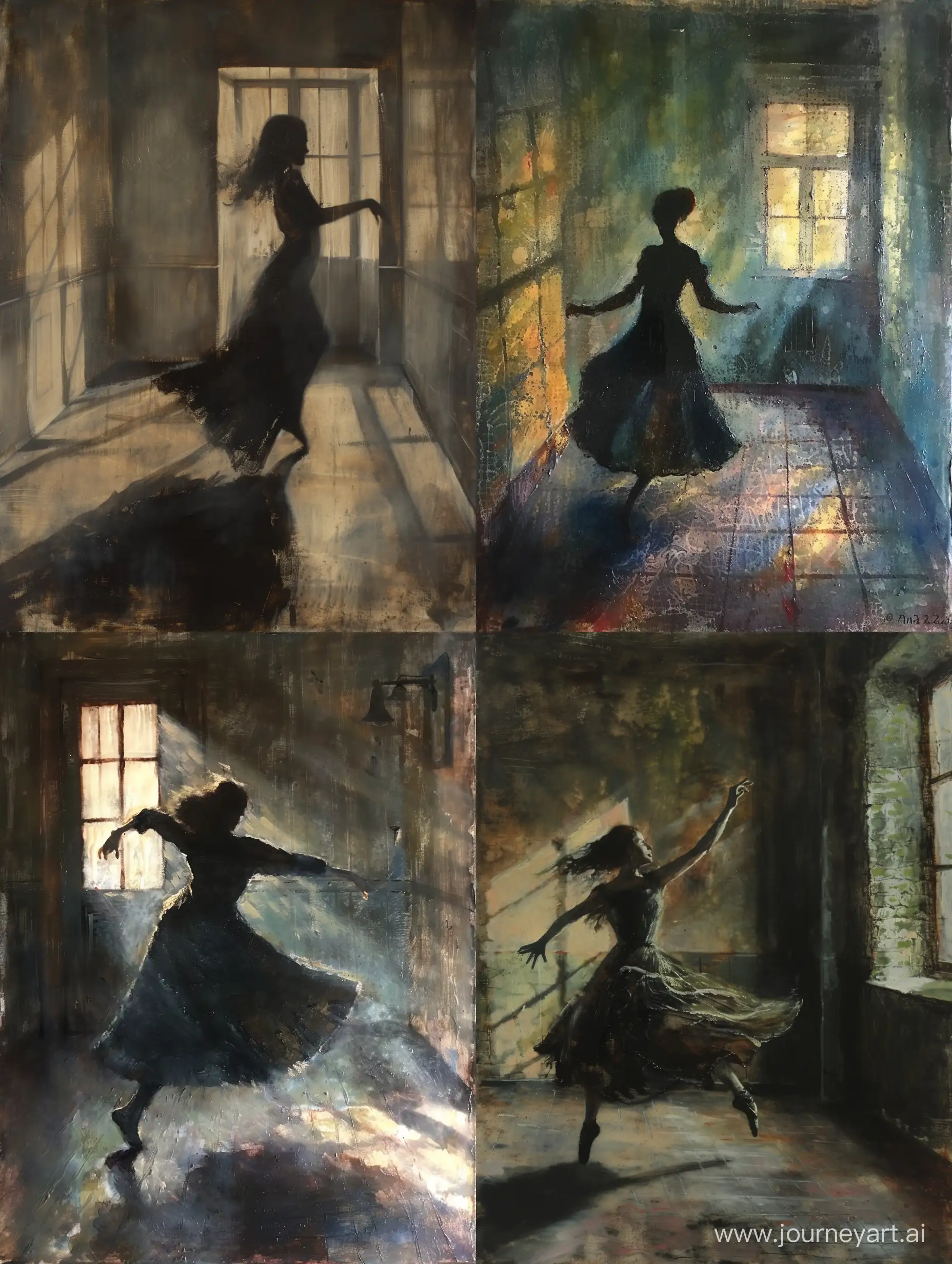 An encaustic of a woman dancing alone in a dimly lit room, her movement fluid and full of emotion, with shadows playing on the walls, by Anna Razumovskaya in Claude Monet's color palette