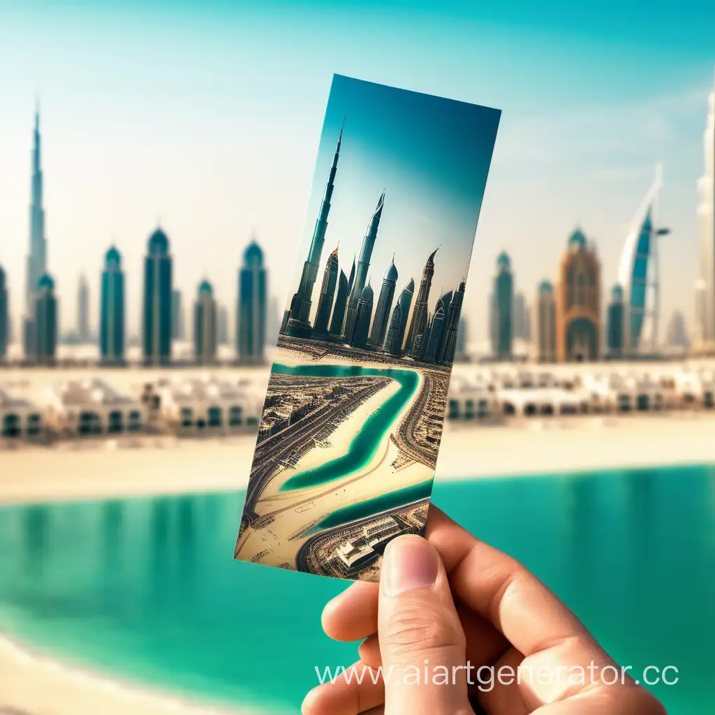 рука, держащая закладку с горизонтальным изображением Дубая, сзади красивый фон