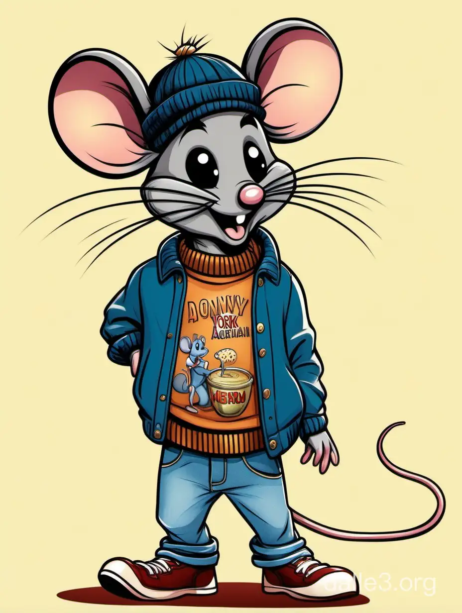 Cute Cartoon Mouse with Dionysus Essence Wearing 1960s American Sweater and New York Jean in Aquarian Style, Disney Cartoon