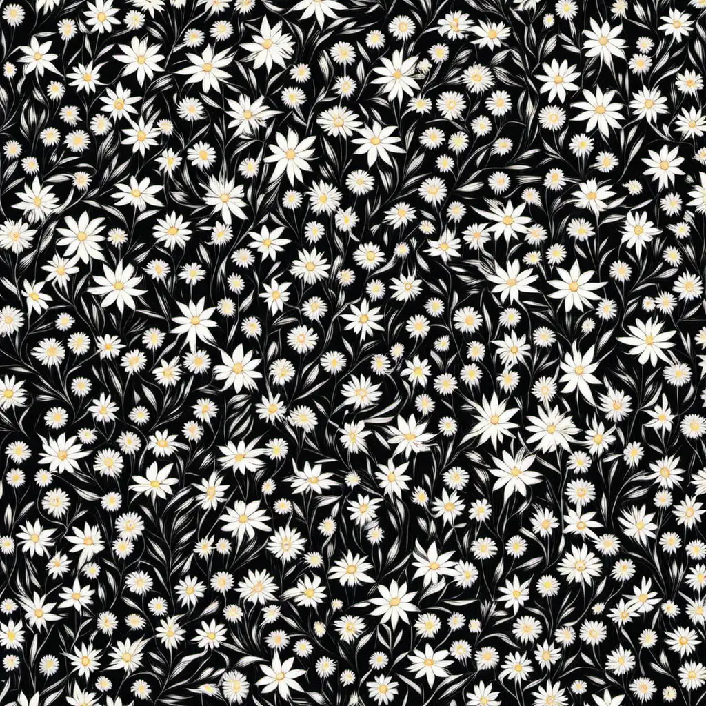 a ditsy floral pattern, tiny white florals with black background