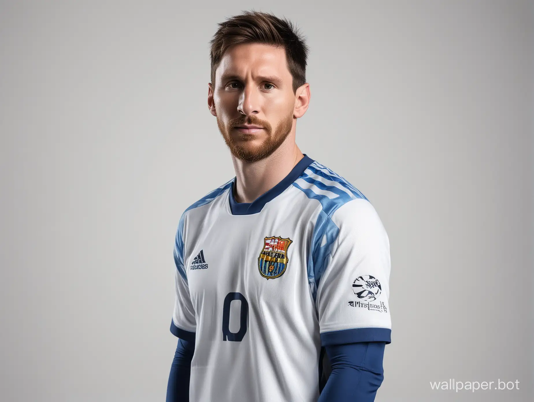 Soccer Lionel Messi 30 years in white and blue uniform portrait studio photo in half-turn white background photo 16K