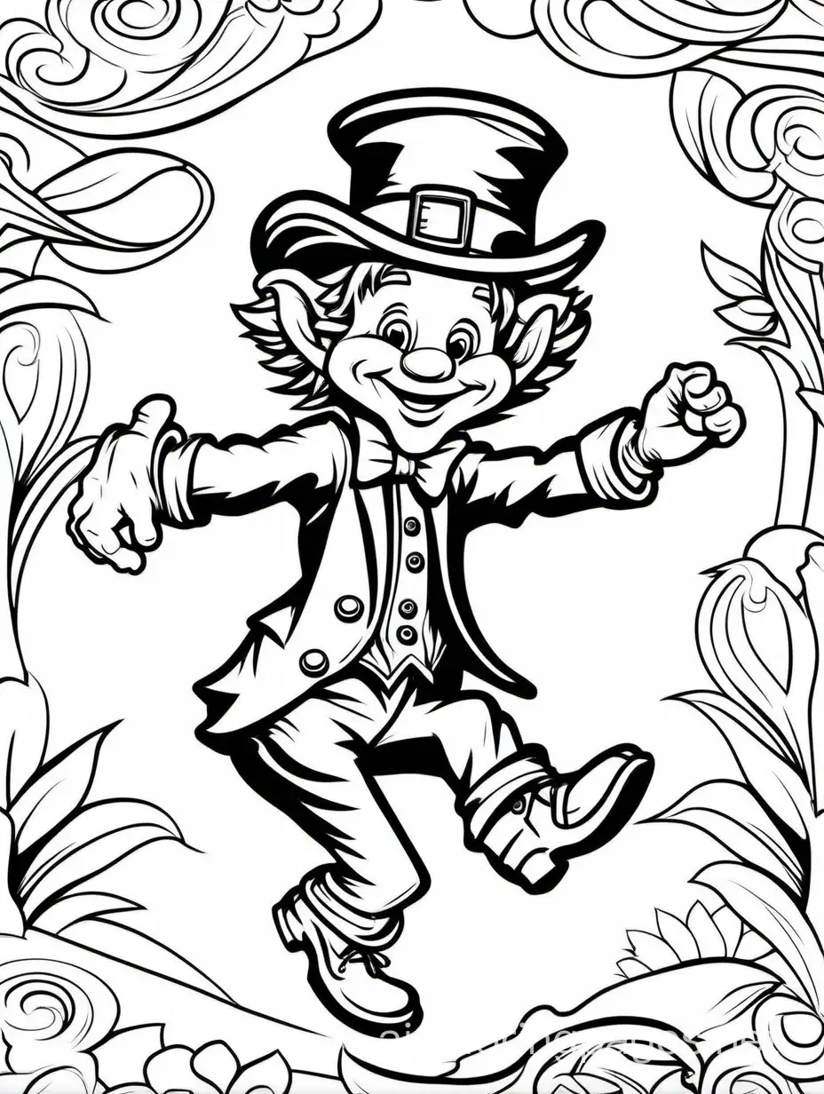 Leprechaun dancing a jig
, Coloring Page, black and white, line art, white background, Simplicity, Ample White Space. The background of the coloring page is plain white to make it easy for young children to color within the lines. The outlines of all the subjects are easy to distinguish, making it simple for kids to color without too much difficulty