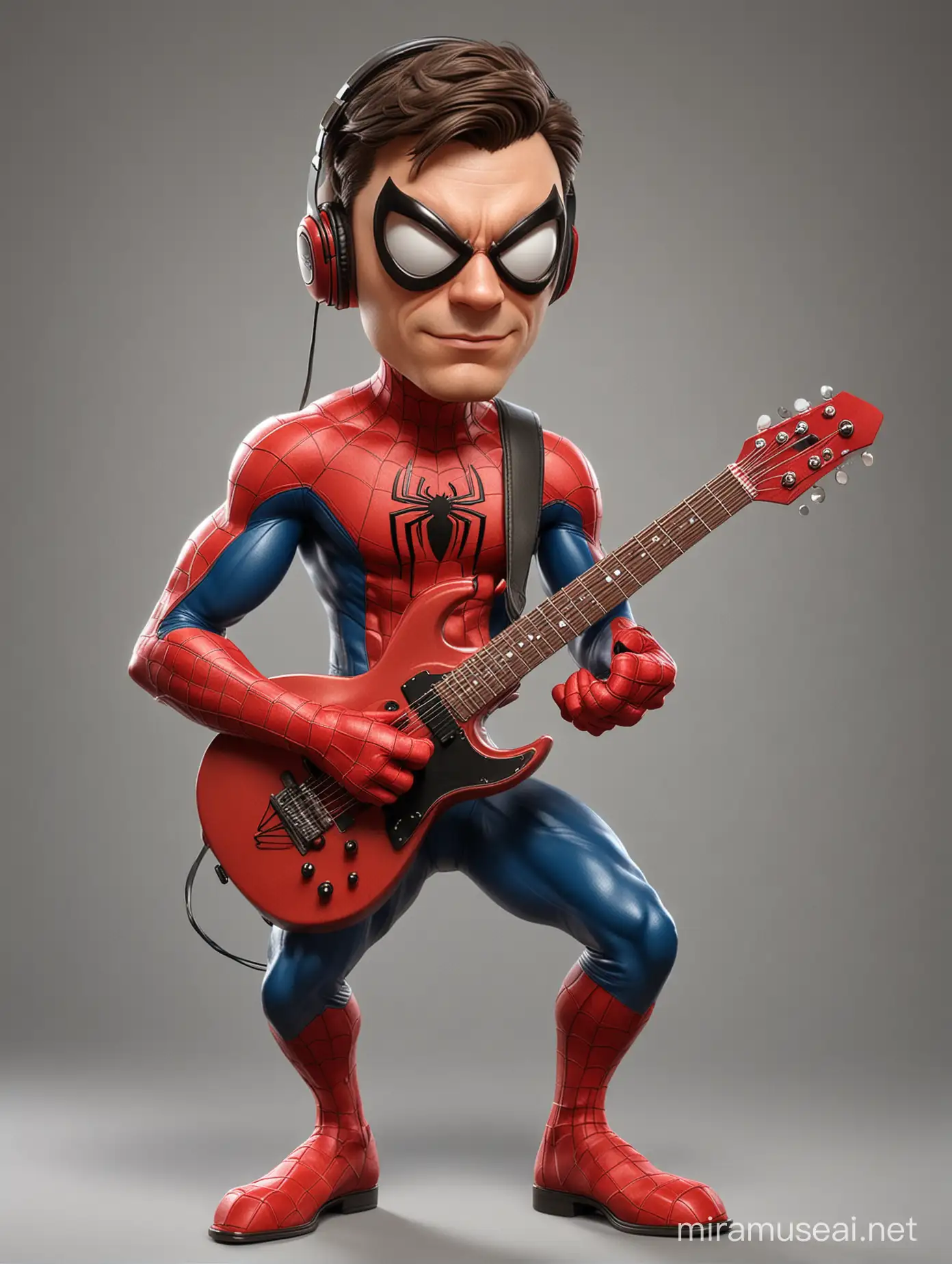 Create a realistic caricature picture of the superhero from Marvel "Spiderman" is seen listening to songs with headphones and playing guitar, by maintaining the character of Spiderman, using costume and spiderman mask look a like as the original, in a caricature style (body caricature , such as body proportions, such as the head or other body parts, often made larger or odder).
