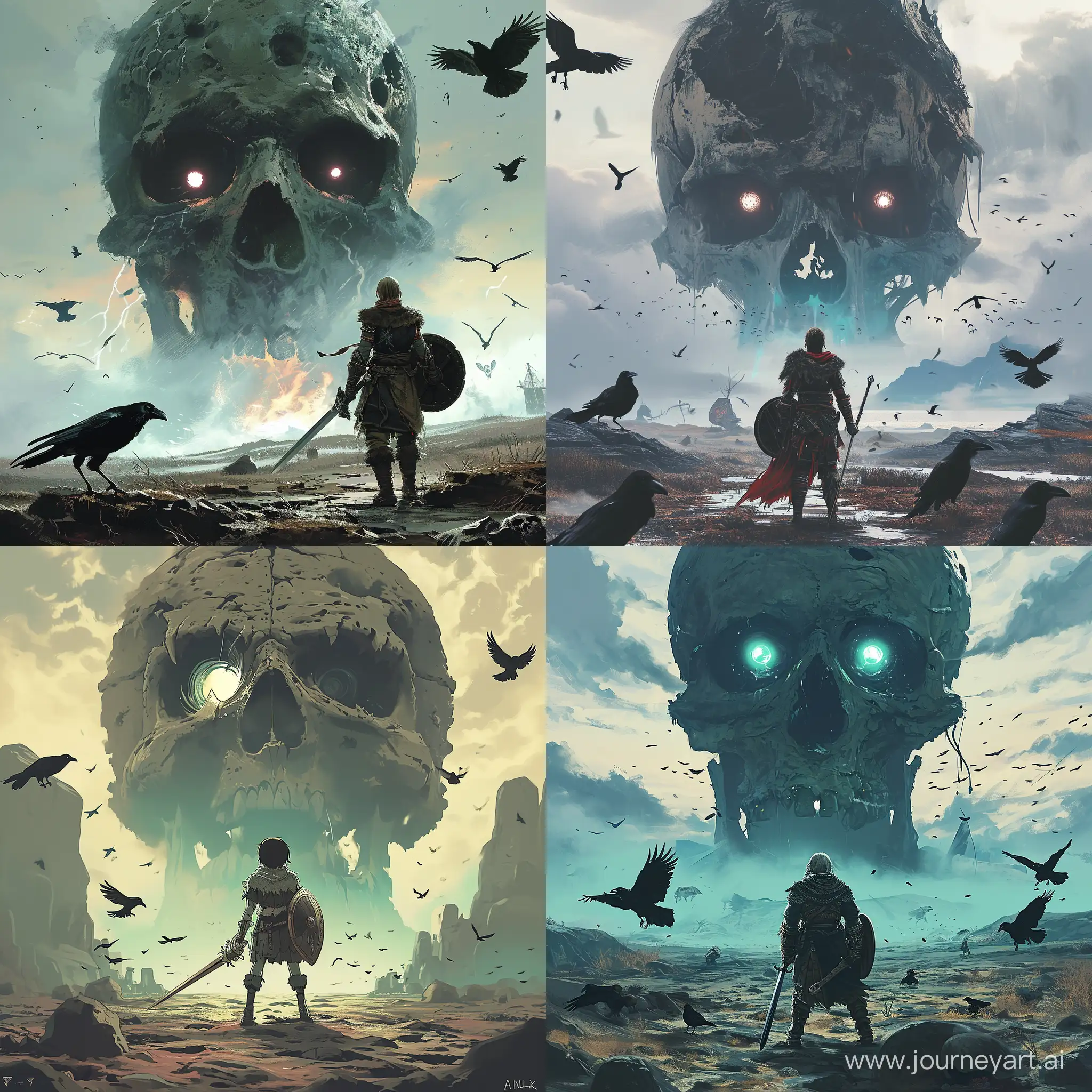 Anime warrior stands in a desolate land with a giant skull looming above them, the anime warrior is equipped with a sword and shield, there is a skull with glowing eyes in the background, there are crows flying around